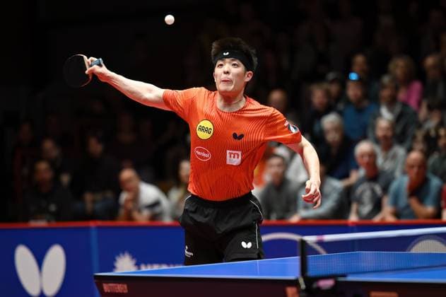 Bilder des Jahres 2025, Sport 04 April Sport Themen der Woche KW17 Sport Bilder des Tages TTBL 2. Halbfinale Borussia Düsseldorf - TSV Bad Königshofen am 27.04.2025 im ARAG CenterCourt in Düsseldorf Dang Qiu ( Düsseldorf ) *** TTBL 2 semi-final Borussia Düsseldorf TSV Bad Königshofen on 27 04 2025 at the ARAG CenterCourt in Düsseldorf Dang Qiu Düsseldorf xJFx
