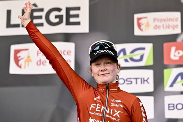 Dutch Puck Pieterse of Fenix-Deceuninck pictured on the podium after the women elite race of the Liege-Bastogne-Liege one day cycling event, 152,9km from Bastogne to Liege, Sunday 27 April 2025. ERICxLALMAND  x122005628x