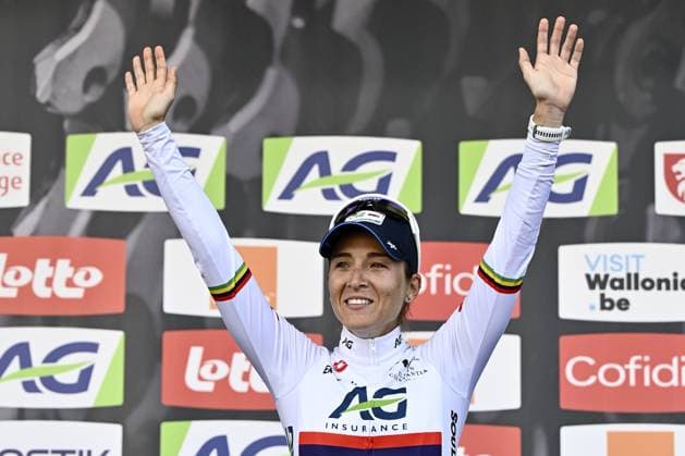 Kim Le Court celebrates on the podium after winning the women elite race of the Liege-Bastogne-Liege one day cycling event, 152,9km from Bastogne to Liege, Sunday 27 April 2025. ERICxLALMAND  x122006057x