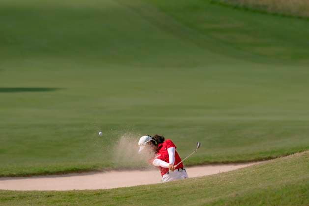 April 27, 2025, The Woodlands, Texas, USA: MIRANDA WANG (CHN) hits out of the bunker on the 2nd hole during the final round of the 2025 Chevron Championship at The Club at Carlton Woods in The Woodlands, Texas, on Sunday, April 27, 2025. The Woodlands USA - ZUMAp213 20250427_znp_p213_009 Copyright: xLynnxPenningtonx