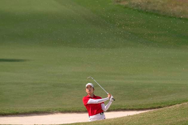 April 27, 2025, The Woodlands, Texas, USA: MIRANDA WANG (CHN) hits out of the bunker on the 2nd hole during the final round of the 2025 Chevron Championship at The Club at Carlton Woods in The Woodlands, Texas, on Sunday, April 27, 2025. The Woodlands USA - ZUMAp213 20250427_znp_p213_024 Copyright: xLynnxPenningtonx