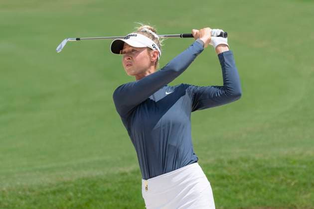 April 27, 2025, The Woodlands, Texas, USA: NELLY KRODA (USA) hits out of the bunker on the 9th hole during the final round of the 2025 Chevron Championship at The Club at Carlton Woods in The Woodlands, Texas, on Sunday, April 27, 2025. The Woodlands USA - ZUMAp213 20250427_znp_p213_028 Copyright: xLynnxPenningtonx