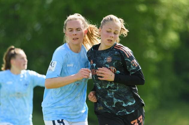 Aschheim, Germany, April 27th, 2025: Michelle Reifenberg (19 SG 99 Andernach) and Greta Huenten (33 FC Bayern Munich II) shoulder to shoulder during the 2. Frauen-Bundesliga match between FC Bayern Munich II and SG 99 Andernach at Sportpark Aschheim, Germany. (Sven Beyrich SPP) Copyright: xSvenxBeyrich SPPx spp-en-SvBe-20250427-D4S_0044