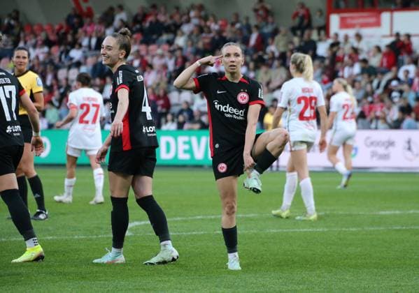 27.04.2025, xgrfx, Fussball Google Pixel Frauen-Bundesliga, 1.FC Köln - Eintracht Frankfurt v.l. Tor, Elisa Senß (Eintracht Frankfurt) (DFL DFB REGULATIONS PROHIBIT ANY USE OF PHOTOGRAPHS as IMAGE SEQUENCES and or QUASI-VIDEO) Köln