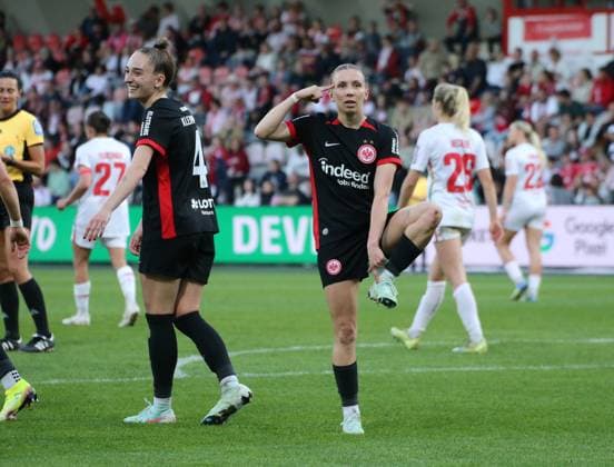 27.04.2025, xgrfx, Fussball Google Pixel Frauen-Bundesliga, 1.FC Köln - Eintracht Frankfurt v.l. Tor, Elisa Senß (Eintracht Frankfurt) (DFL DFB REGULATIONS PROHIBIT ANY USE OF PHOTOGRAPHS as IMAGE SEQUENCES and or QUASI-VIDEO) Köln