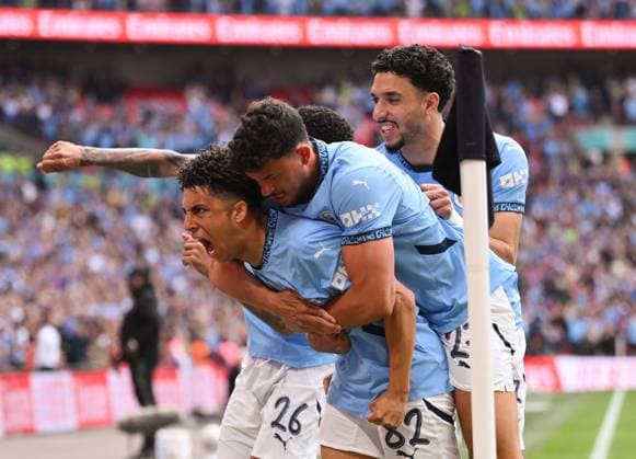 Sport Themen der Woche KW17 Sport Bilder des Tages Football - 2024 2025 Emirates FA Cup - Semi-Final - Nottingham Forest vs Manchester City - Wembley Stadium - Sunday 28th April 2025. Manchester City s Rico Lewis celebrates scoring the opening goal. COLORSPORT Ashley Western 