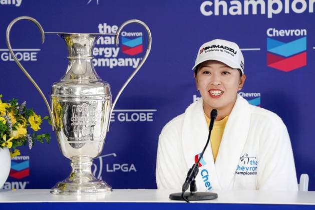 Golf: Chevron Championship Japanese golfer Mao Saigo attends a press conference, PK, Pressekonferenz after winning the Chevron Championship in a five-way playoff at The Club at Carlton Woods in The Woodlands, Texas, on April 27, 2025.  A14AA0004499936P