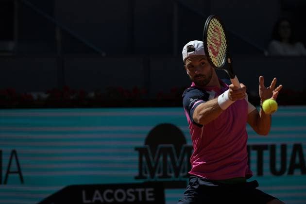 April 28, 2025, Madrid, Madrid, Spain: GRIGOR DIMITROV of Bulgaria against JACOB FEARNLEY of Great Britain during the Round of 32 match on Day Seven of the Mutua Madrid Open at La Caja Magica. Madrid Spain - ZUMAd308 20250428_zsp_d308_021 Copyright: xJuanxCarlosxLucasx