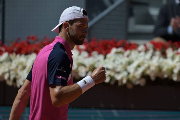 April 28, 2025, Madrid, Madrid, Spain: GRIGOR DIMITROV of Bulgaria against JACOB FEARNLEY of Great Britain during the Round of 32 match on Day Seven of the Mutua Madrid Open at La Caja Magica. Madrid Spain - ZUMAd308 20250428_zsp_d308_025 Copyright: xJuanxCarlosxLucasx