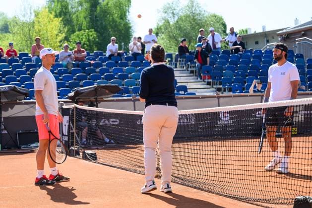 TENNIS - ATP, Tennis Herren DANUBE Upper Austria Open MAUTHAUSEN,AUSTRIA,29.APR.25 - TENNIS - ATP Challenger Tour, DANUBE Upper Austria Open. Image shows Filip Misolic (AUT) and Nikoloz Basilashvili (GEO).  GEPAxpictures xChristianxMoser