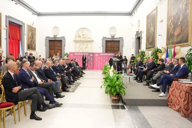 Cristina Fantoni Stefano Baringelli Mauro Vegni Alessandro Onorato Roberto Gualtieri Urbano Cairo Paul Tighe Paolo Bellino Vincenzo Nibali during the Presentation of the Grand Arrival of Giro d Italia 108 in Rome, Italy - Tuesday April 29, 2025 - cycling ( Photo by Alfredo Falcone LaPresse )  Copyright: xAlfredoxFalcone LaPressex