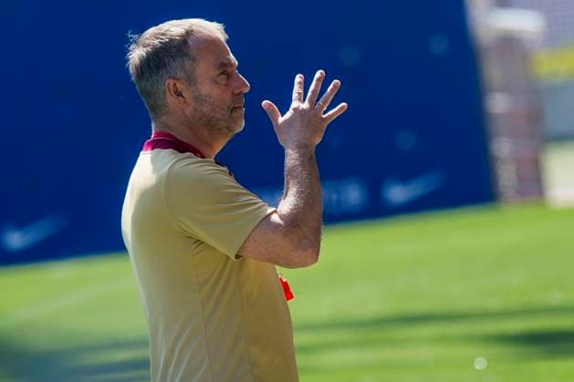 FC Barcelona, Barca training Hansi Flick, head coach of FC Barcelona, gestures during the training of FC Barcelona on the eve of the UEFA Champions League 2024 25 semi-final first leg football match against FC Internazionale. Sant Joan Despi Spain Copyright: xNicolòxCampox