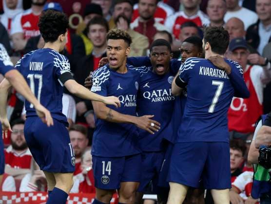 Arsenal FC v Paris Saint-Germain - UEFA Champions League 2024 25 Semi Final First Leg Desire Doue, Nuno Mendes Ousmane Demble and Khvicha Kvaratskhelia of Paris Saint-Germain celebrate 1st goal during the UEFA Champions League 2024 25 Semi Final First Leg match between Arsenal FC and Paris Saint-Germain at Emirates Stadium on April 29, 2025 in London, England. London Emirates Stadium England United Kingdom Copyright: xNigelxFrench Sportsphoto APLx 14126040