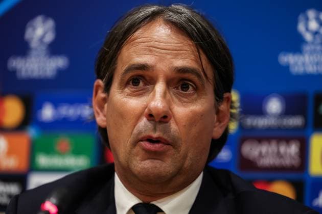 April 29, 2025, Barcelona, Barcelona, SPAIN: Simone Inzaghi, head coach of FC Internazionale attends his press conference, PK, Pressekonferenz during the training day of FC Internazionale Milano ahead the UEFA Champions League, football match against FC Barcelona, Barca at Estadi Olympic Lluis Companys on April 29, 2025 in Barcelona, Spain. Barcelona SPAIN - ZUMAa181 20250429_zaa_a181_450 Copyright: xJavierxBorregox