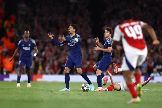 Arsenal v Paris Saint-Germain 29 April 2025, London - UEFA Champions League - Semi Final - First Leg - Arsenal v Paris Saint-Germain - Marquinhos and Joao Neves of PSG - Photo: Jacques Feeney Offside. London UK Copyright: xJacquesxFeeneyx xOffsidexOffside