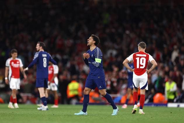 Arsenal v PSG 29 April 2025, London - UEFA Champions League Football - Semi-Final, First Leg - Arsenal v Paris Saint-Germain - Marquinhos of PSG celebrates - Photo: Jacques Feeney Offside. London UK Copyright: xJacquesxFeeneyx xOffsidexOffside