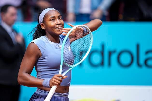 Sport Bilder des Tages April 30, 2025, Madrid, Madrid, Spain: Coco Gauff of USA reacts after winning against Mirra Andreeva of Russia during the Mutua Madrid Open 2025, ATP, Tennis Herren Masters 1000 and WTA, Tennis Damen 1000 tennis tournament, celebrated at Caja Magica on April 30, 2025 in Madrid, Spain. Madrid Spain - ZUMAa181 20250430_zaa_a181_072 Copyright: xOscarxJ.xBarrosox