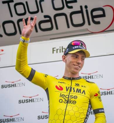 April 30, 2025, Fribourg, Canton, Switzerland: Fribourg Switzerland, 04 30 2025: MATTHEW BRENNAN of Team Visma won the yellow jersey during 1st stage of the Tour de Romandie 2025 and which took place between MoÂ¼nchenstein and Fribourg and the arrival of the stage is done at City center in Fribourg. Fribourg Switzerland - ZUMAd206 0815534003st Copyright: xEricxDubostx