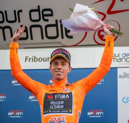 April 30, 2025, Fribourg, Canton, Switzerland: Fribourg Switzerland, 04 30 2025: MATTHEW BRENNAN of Team Visma won the jersey for the best points ranking during 1st stage of the Tour de Romandie 2025 and which took place between MoÂ¼nchenstein and Fribourg and the arrival of the stage is done at City center in Fribourg. Fribourg Switzerland - ZUMAd206 0815534027st Copyright: xEricxDubostx