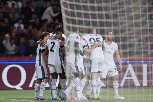 April 30, 2025, Barcelona, Barcelona, Spain: Marcus Thuram of FC Internazionale celebrates a goal with teammates during the UEFA Champions League 2024 25 Semi Final First leg, match between FC Barcelona, Barca and FC Internazionale Milano at Estadi Olimpic Lluis Companys on April 30, 2025 in Barcelona, Spain. Barcelona Spain - ZUMAa181 20250430_zaa_a181_255 Copyright: xJavierxBorregox