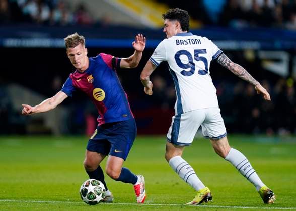 ESP: FC Barcelona, Barca Inter de Milan. UEFA Champions League match. Semi-Finals, firs leg Bastoni of Inter de Milan and Dani Olmo of FC Barcelona . during the UEFA Champions League match, Semi-Finals, firs leg, between FC Barcelona and Inter de Milan played at Lluis Companys Stadium on April 30 2025 in Barcelona Spain. kpng Copyright: xSergioxRuizx xImagox PS_240430_BAR_INT_020