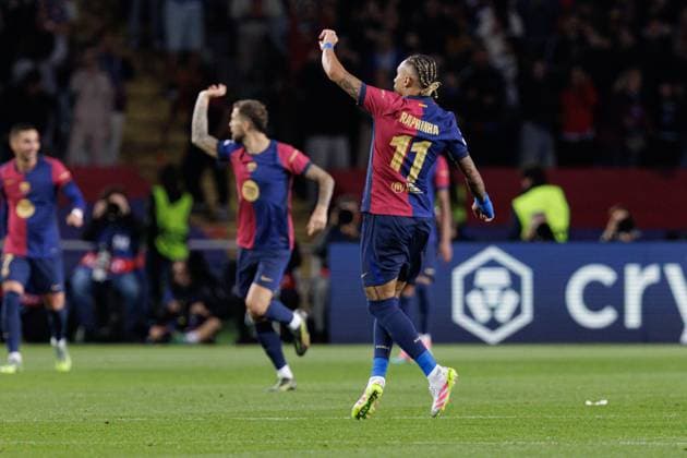 Raphinha seen celebrating after scoring goal during UEFA Champions League game between teams of FC Barcelona, Barca and Internazionale Milano (Maciej Rogowski) Barcelona Estadi Olimpic Lluis Companys Spain Copyright: xMaciejxRogowskix fcbvsinter2425-28