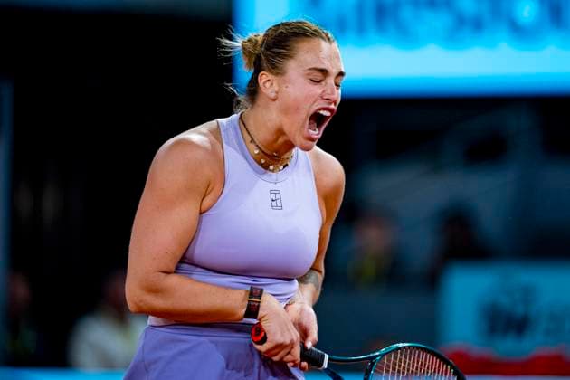 Mutua Madrid Open 2025 Aryna Sabalenka of Belarus celebrates a set won in the quarter-final match against Elina Svitolina of Ukraine at the Mutua Madrid Open 2025 tournament celebrated at La Caja Magica on April 30, 2025 in Madrid, Spain. Madrid La Caja Magica Madrid Spain Copyright: xAlbertoxGardinx AGardin_20250430_Mutua_Madrid_Open_1101