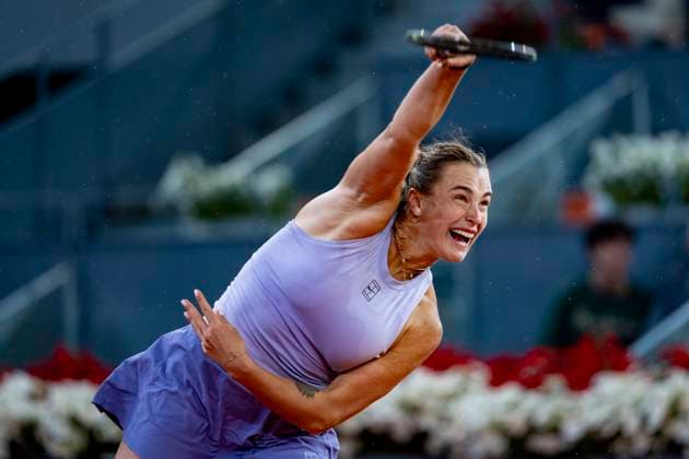Mutua Madrid Open 2025 Aryna Sabalenka of Belarus is seen in action in the quarter-final match against Marta Kostyuk of Ukraine at the Mutua Madrid Open 2025 tournament celebrated at La Caja Magica on April 30, 2025 in Madrid, Spain. Madrid La Caja Magica Madrid Spain Copyright: xAlbertoxGardinx AGardin_20250430_Mutua_Madrid_Open_1164
