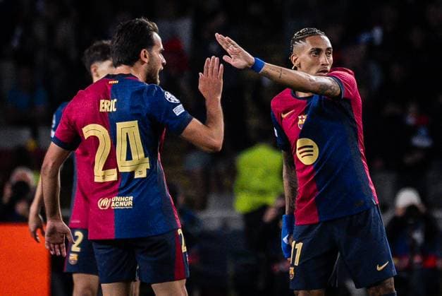 April 30, 2025, Barcelona, Spain, Spain: Raphael DIAS BELLOLI (Raphinha) of Barcelona celebrate the goal with ERIC GARCIA of Barcelona during the UEFA Champions League match between FC Barcelona, Barca and FC Internazionale at Estadi Olimpic Lluis Companys. Barcelona Spain - ZUMAm308 20250430_zsp_m308_014 Copyright: xMatthieuxMirvillex