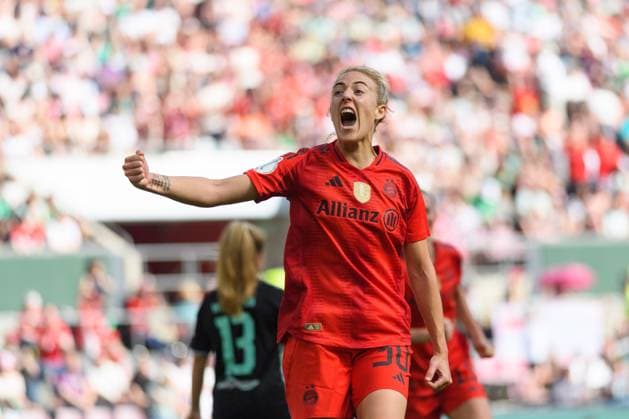 Carolin Simon (30 FC Bayern Munich) celebrates her goal during the DFB-Cup Final match between FC Bayern Munich and SV Werder Bremen at RheinEnergieStadion, in Cologne, Germany. (Sven Beyrich SPP) Copyright: xSvenxBeyrich SPPx spp-en-SvBe-20250501-ND5_7565