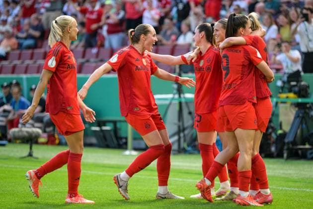 Fußball, DFB Pokal Frauen, 20250501, FC Bayern München - SV Werder Bremen. Im Bild Bayern Torjubel bejubelt Jubel Tor 1:0. Köln Rhein-Energie Stadion Nordrhein-Westfalen Deutschland Copyright: Passion2Press MarkusxFischerx