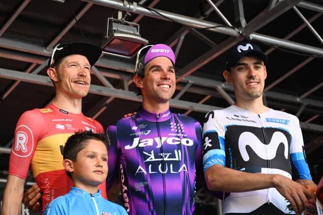 01.05.2025, xhfmx, Radsport Radklassiker 2025, Frankfurt - Eschborn v.l. Zweitplatzierter Magnus Cort (Uno-X Mobility), Sieger Michael Matthews (Team Jayco AlUla) und Drittplatzierter Jon Barrenetxea Golzarri (Movistar Team) auf dem Siegerpodest. (DFL DFB REGULATIONS PROHIBIT ANY USE OF PHOTOGRAPHS as IMAGE SEQUENCES and or QUASI-VIDEO) Frankfurt am Main