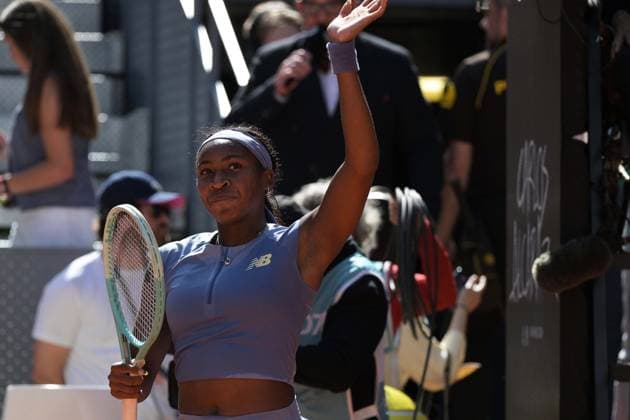 May 1, 2025, Madrid, Madrid, Spain: COCO GAUFF of USA celebrates victory in her Women s Singles Semi-Final match against IGA SWIATEK of Poland on Day Ten of the Mutua Madrid Open at La Caja Magica. Madrid Spain - ZUMAd308 20250501_zsp_d308_025 Copyright: xJuanxCarlosxLucasx