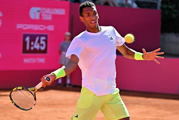 Der Kanadier Felix Auger-Aliassime unterliegt im Achtelfinale der Estoril Open Estoril Open, ATP, Tennis Herren 175 Challenge Tour, 01-05-2025, Achtelfinale: Der an Position eins gesetzte Kanadier Felix AUGER-ALIASSIME unterliegt im Achtelfinale der Estoril Open dem Italiener Andrea Pellegrino. Estoril Estoril Tenis Club Lisbon Portugal