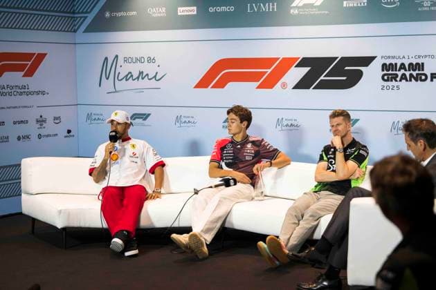 F1 - MIAMI GRAND PRIX 2025 HAMILTON Lewis (gbr), Scuderia Ferrari SF-25, RUSSELL George (gbr), Mercedes AMG F1 Team W16, HULKENBERG Nico (ger), Stake F1 Team Kick C45, portrait during the Formula 1 Crypto.com Miami Grand Prix 2025, 6th round of the 2025 FIA Formula One World Championship, WM, Weltmeisterschaft from May 2 to 4, 2025 on the Miami International Autodrome, in Miami Gardens, Florida, United States of America - Miami GardensUnited States Copyright: xCharlyxLopezx