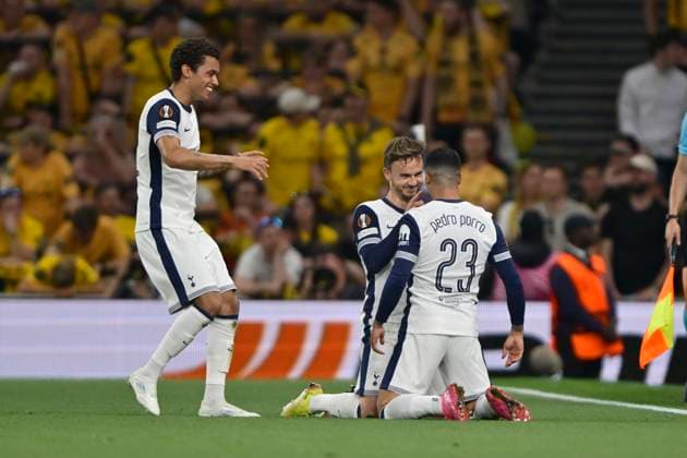 Spurs vs Bodo Glimt Europa League GOAL Brennan Johnson of Tottenham Hotspur celebrates his goal and Spurs second with Pedro Porro during the Spurs vs Bodo Glimt UEFA Europa League Semi-Final 1st leg tie at the Tottenham Hotspur Stadium London. London Tottenham Hotspur Stadium UK Copyright: xMartinxDaltonx Spurs_vs_Bodo_Glimt_010525_MD_014
