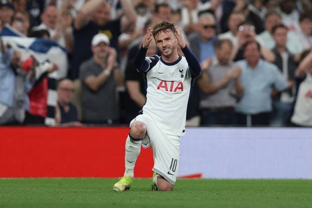 London, England, 1st May 2025. James Maddison of Tottenham Hotspur celebrates after scoring to make it 2-0 during the Tottenham Hotspur vs FK Bodo Glimt UEFA Europa League match at the Tottenham Hotspur Stadium, London. Picture credit should read: Paul Terry Sportimage EDITORIAL USE ONLY. No use with unauthorised audio, video, data, fixture lists, club league logos or live services. Online in-match use limited to 120 images, no video emulation. No use in betting, games or single club league player publications. SPI_021_PT_Tottenham_Bodo_Glimt SPI-3902-0021