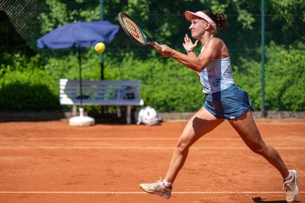01.05.2025, GER, Frauen, ITF World Tennis Tour - Wiesbaden Tennis Open - Runde der letzten 16 - Einzel Darja Semenistaja (LAT) während des Spiels. Wiesbaden-Nordenstadt T2 Sports Health Club Hessen Deutschland