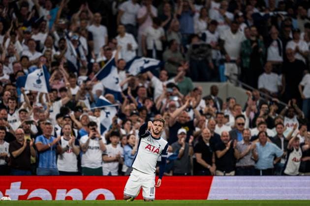 250501 James Maddison of Tottenham celebrates after scoring the 2-0 goal during the UEFA Europa League semi-final football match between Tottenham and Bodo Glimt on May 1, 2025 in London. Photo: Marius Simensen BILDBYRAN COP 238 MM0042 bbeng bodo glimt football fotball fotboll jubel semi-final semifinale soccer spurs tottenham tottenham hotspur fc uefa europa league Copyright: MARIUSxSIMENSEN BB250501BB699