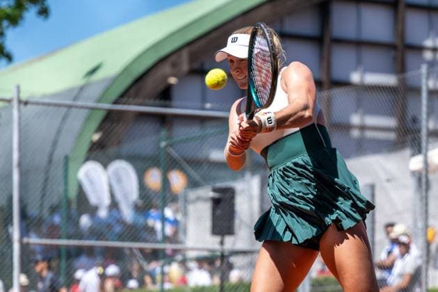 01.05.2025, GER, Frauen, ITF World Tennis Tour - Wiesbaden Tennis Open - Runde der letzten 16 - Einzel Taylah Preston (AUS) während des Spiels. Wiesbaden-Nordenstadt T2 Sports Health Club Hessen Deutschland