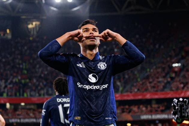 Casemiro seen celebrating after scoring goal during UEFA Europa League semifinal game between teams of Athletic Club and Manchester United, ManU FC (Maciej Rogowski) Bilbao Estadio San Mames Spain Copyright: xMaciejxRogowskix athleticmanu2425-8