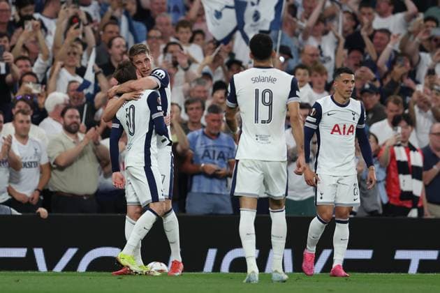 London, England, 1st May 2025. James Maddison of Tottenham Hotspur celebrates after scoring to make it 2-0 during the Tottenham Hotspur vs FK Bodo Glimt UEFA Europa League match at the Tottenham Hotspur Stadium, London. Picture credit should read: Paul Terry Sportimage EDITORIAL USE ONLY. No use with unauthorised audio, video, data, fixture lists, club league logos or live services. Online in-match use limited to 120 images, no video emulation. No use in betting, games or single club league player publications. SPI_025_PT_Tottenham_Bodo_Glimt SPI-3902-0025