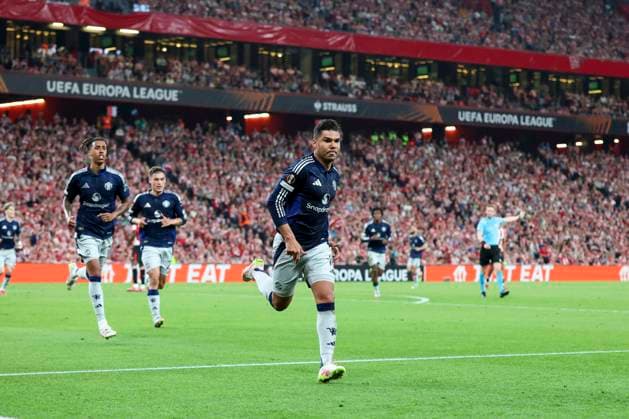 Athletic Club Bilbao v Manchester United, ManU FC, Manchester United midfielder Casemiro (18) scores a GOAL 0-1 and celebrates during the Athletic Club Bilbao v Manchester United FC UEFA Europa League Cup Semi-Final 1st Leg match at the Estadio de San MamÃ s, Bilbao, Spain on 1 May 2025 Credit: Phil Duncan Every Second Media Editorial use only. All images are copyright Every Second Media Limited. No images may be reproduced without prior permission. Copyright: xIMAGO EveryxSecondxMediax ESM-1453-0027 PhilxDuncanx xEveryxSecondxMediax