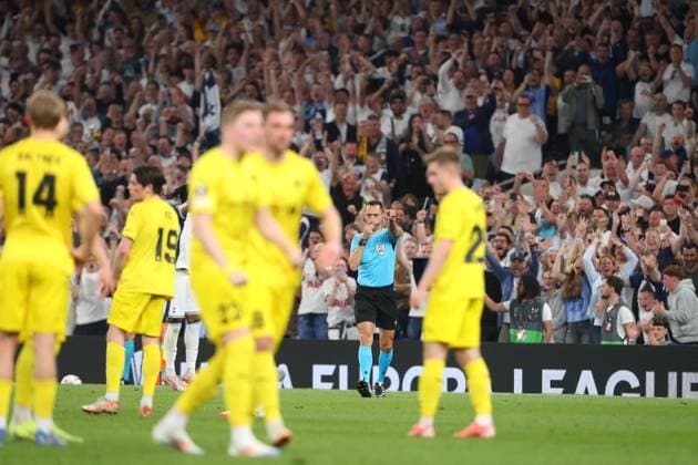 1st May 2025; Tottenham Hotspur Stadium, London, England; UEFA Europa League Semi Final First Leg Football, Tottenham Hotspur versus Bodo Glimt; referee awards a penalty kick to Tottenham Hotspur in the 60th minute after VAR review  ActionPlus12780619 KatiexChan
