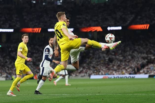 London, England, 1st May 2025. Cristian Romero of Tottenham Hotspur is fouled by Fredrik Sjovold of Bodo Glimt and wins a penalty during the Tottenham Hotspur vs FK Bodo Glimt UEFA Europa League match at the Tottenham Hotspur Stadium, London. Picture credit should read: Paul Terry Sportimage EDITORIAL USE ONLY. No use with unauthorised audio, video, data, fixture lists, club league logos or live services. Online in-match use limited to 120 images, no video emulation. No use in betting, games or single club league player publications. SPI_036_PT_Tottenham_Bodo_Glimt SPI-3902-0036