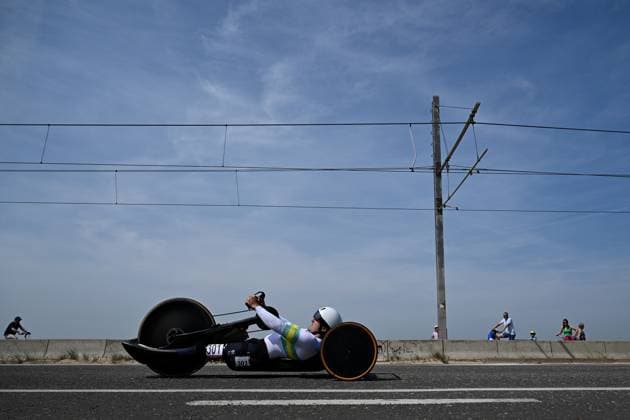 Australian Alexander Welsh pictured in action during the time trials at the UCI Para-Cycling Road World Cup event, Thursday 01 May 2025, in Oostende. The UCI Para-Cycling Road World Cup takes place from 01 to 04 May in Oostende and Brugge. LUCxCLAESSEN  x122387132x