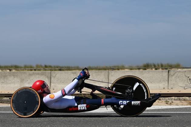 British Alex Brooke-Turner pictured in action during the time trials at the UCI Para-Cycling Road World Cup event, Thursday 01 May 2025, in Oostende. The UCI Para-Cycling Road World Cup takes place from 01 to 04 May in Oostende and Brugge. LUCxCLAESSEN  x122387141x