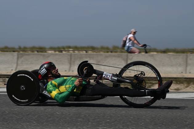 Brazilian Ulisses Leal Freitas pictured in action during the time trials at the UCI Para-Cycling Road World Cup event, Thursday 01 May 2025, in Oostende. The UCI Para-Cycling Road World Cup takes place from 01 to 04 May in Oostende and Brugge. LUCxCLAESSEN  x122387178x