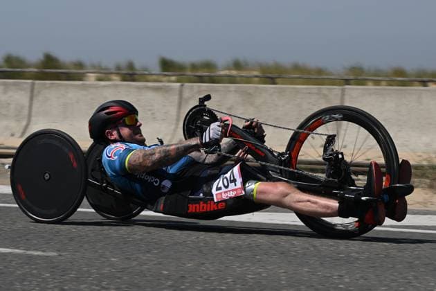 Belgian Nicolas Henrivaux pictured in action during the time trials at the UCI Para-Cycling Road World Cup event, Thursday 01 May 2025, in Oostende. The UCI Para-Cycling Road World Cup takes place from 01 to 04 May in Oostende and Brugge. LUCxCLAESSEN  x122387214x