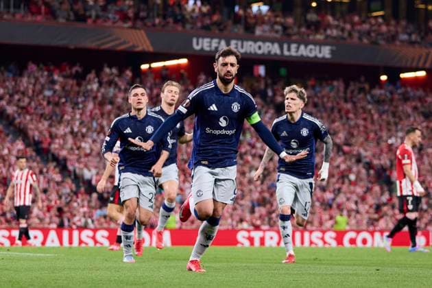 May 1, 2025, Bilbao, Vizcaya, SPAIN: Bruno Fernandes of Manchester United, ManU celebrates after scoring goal during the UEFA Europa League 2024 25 Semi Final First Leg match between Athletic Club and Manchester United at San Mames on May 1, 2025, in Bilbao, Spain. Bilbao SPAIN - ZUMAa181 20250501_zaa_a181_208 Copyright: xRicardoxLarreinax